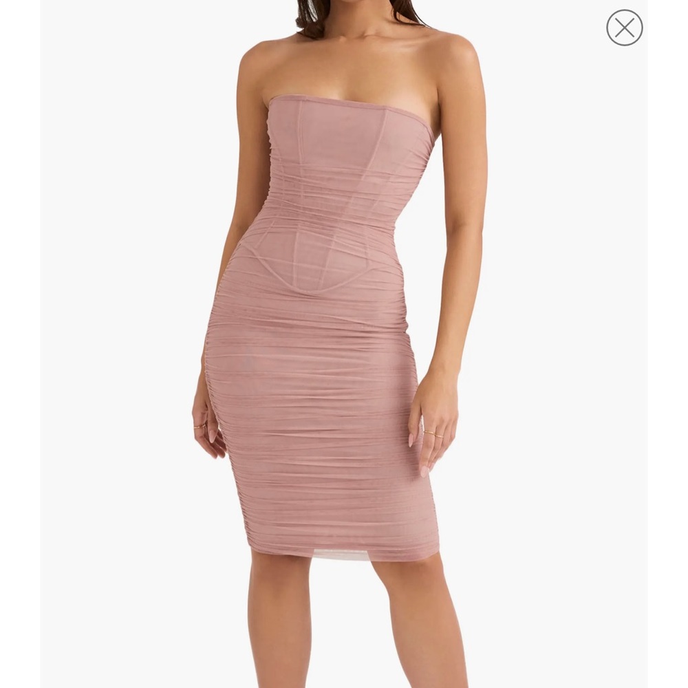 House of CB Julianna Blush Strapless Ruched Midi Dress